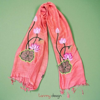 Pink orange silk scarf hand-embroidered with the lotus 190x85cm